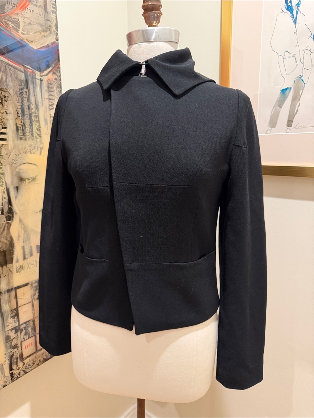 Tufi Duek Vintage Black Structured Cropped Blazer with Snap Buttons